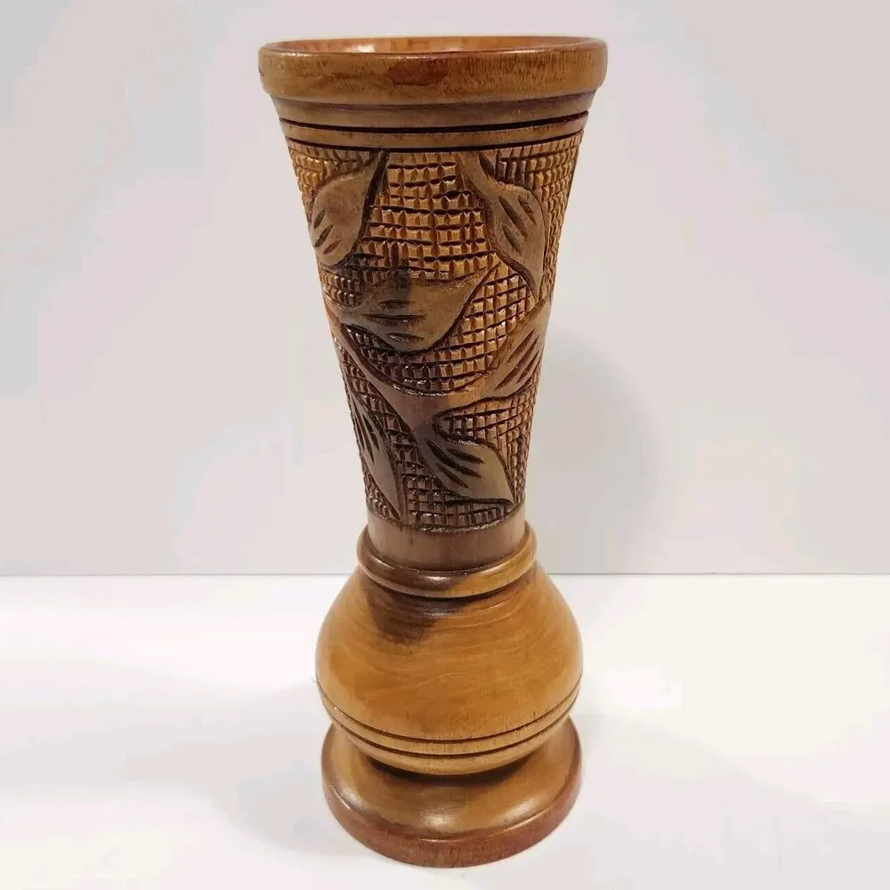 Hand Carved Wooden Vase Vessel Floral Leaf Design Bohemian Style, Boho Tiki